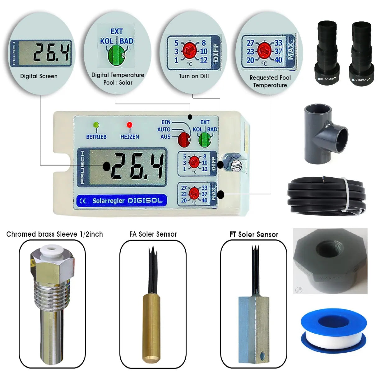 SET Digisol solar pausch regeling incl. dakvoeler en badvoeler